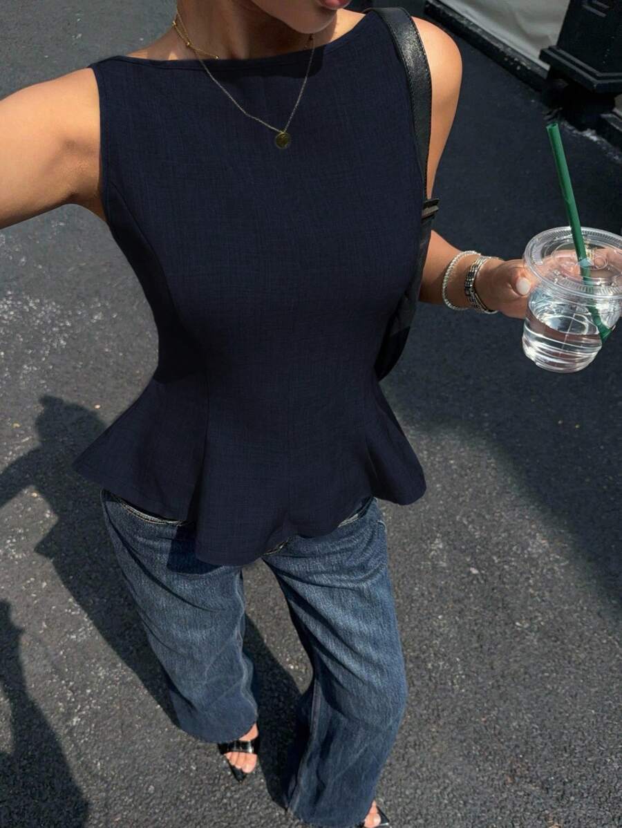 Siren Gaze Women Large Open Back Butterfly A-Line Sleeveless Top, Summer Blue Casual - Navy Blue - View 1