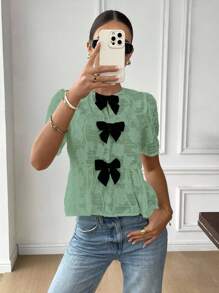 Serisse 女式优雅镂空蝴蝶结装饰衬衫，夏季