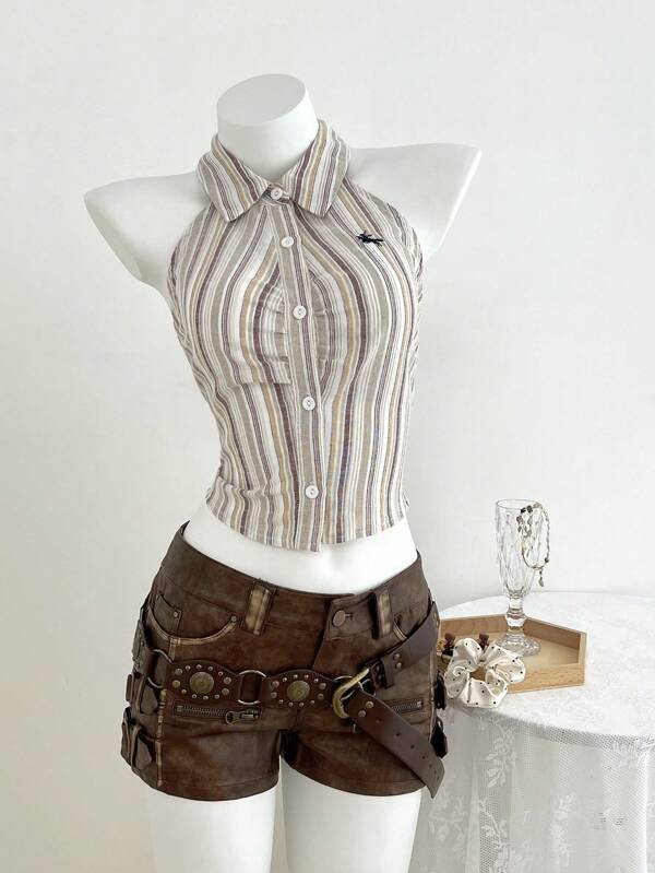 Elamini Vintage Wild Striped Pure Cotton Sleeveless Blouse For Women, Spring/Summer