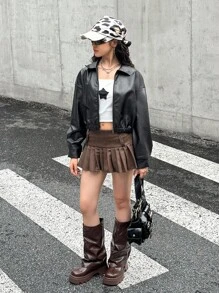 SHEIN 少女黑领纯色 PU 皮夹克，短款休闲夹克，酷炫街头运动拉链 PU 夹克，黑色百搭外套，开学季