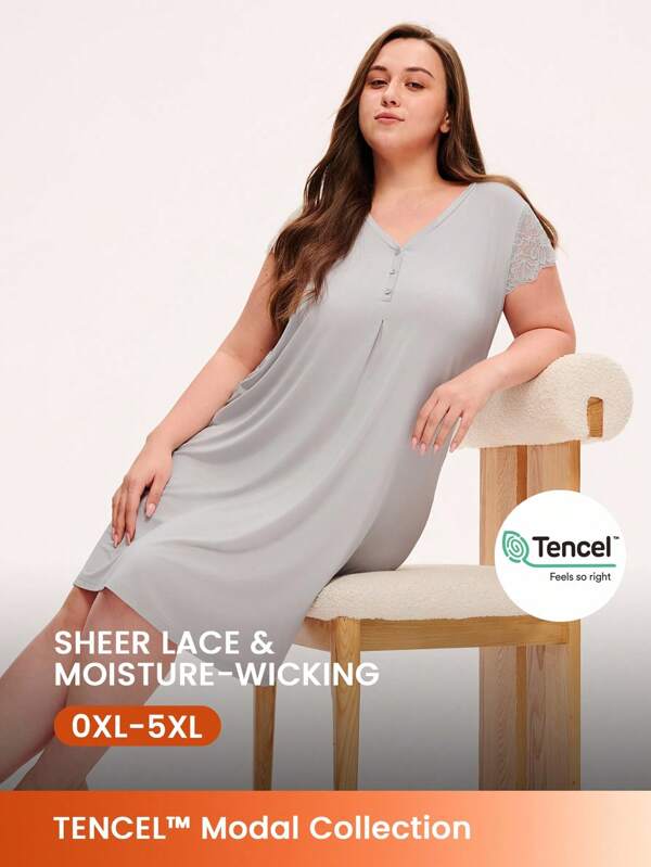 LUVLETTE Nuisette grande taille pour femme en TENCEL™ modal super doux et aérien, avec dentelle grise respirante