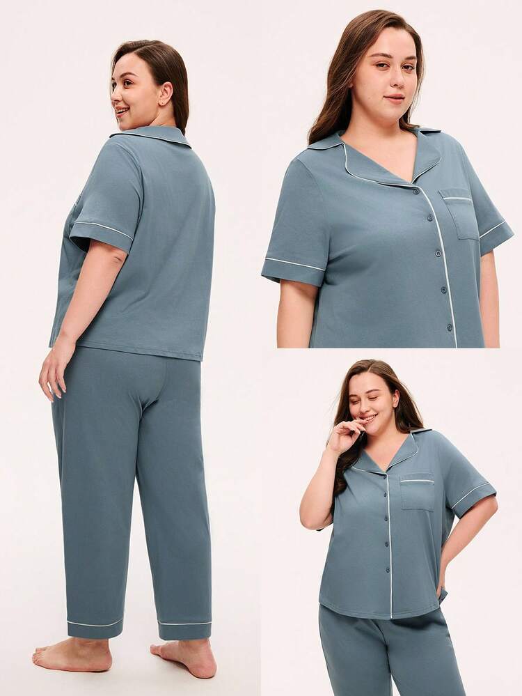 Summer Women's Plus-Size Blue Soft 100% Pure Cotton Contrast Trim Short-Sleeve Basic Button-Up Top & Pants Women Loungewear Airy Pajama Set Pants With Pockets Lingerie Cozy At Home Cotton Pajamas