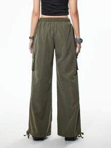 SHEIN Unity Women's Streetwear Solid Color Drawstring Cargo Pants, Summer Fall Cloth For Women - Army Green - View 4