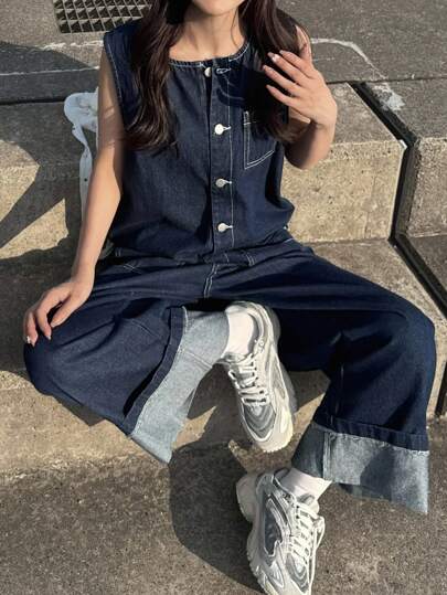 FRIFUL Women's Casual Front Button Sleeveless Denim Jumpsuit Denim Jumpsuits For Women Denim For Women Women Denim Jumpsuit