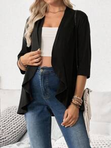 SHEIN Casual Loose Solid Color Maternity 3/4 Sleeve Thin Jacket - Black - View 6