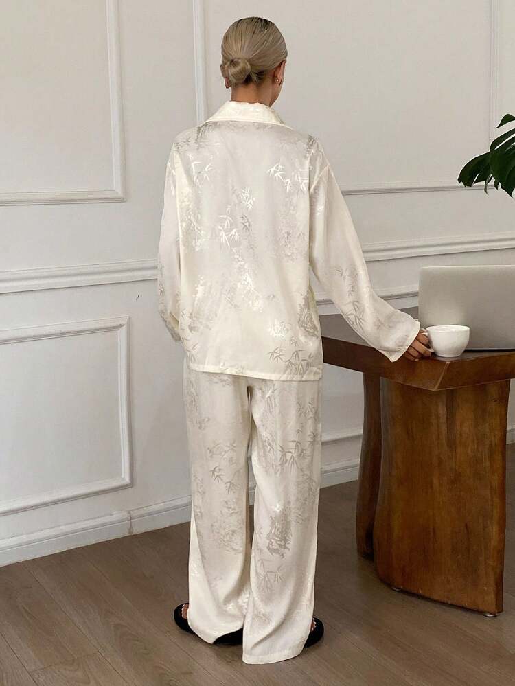 Chinese Style Bamboo Leaves Pattern Jacquard Satin Pajama Set Fall Winter Clothes