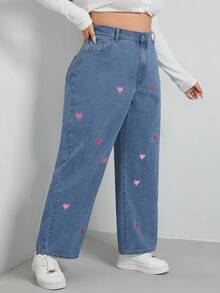 SHEIN EZwear 加心刺绣阔腿牛仔裤 宽腿牛仔裤 女童宽腿牛仔裤 女式宽腿牛仔裤 - 中等水洗藍 - 查看 3