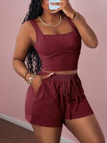 Slaydiva 2025 年夏季新款音乐节、复活节、日常、基础百搭、休闲、度假、巡航、海滩、日光浴、时尚、街头风方领无袖上衣和修身短裤套装，带有线、条纹、领带、口袋、隐形拉链、仿雪花、绿色、女式 2 件套 - 酒紅色 - 查看 8