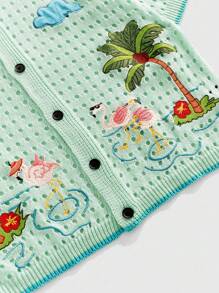 ROMWE MEN Street Life 男士夏季度假沙滩椰子树刺绣镂空针织毛衣 - 薄荷綠 - 查看 2