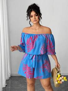 Elenzga Plus Size Women's Tropical Floral Print Ruffled Off Shoulder Jumpsuit - Multicolor - View 4