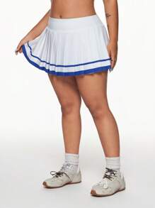 Easithlete 大码女式拼色条纹 A 字褶皱短裙裤，带网球口袋，适合打高尔夫和网球的休闲运动短裙裤