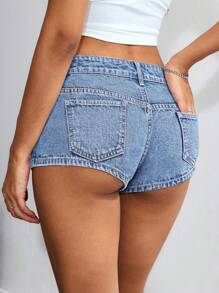 SHEIN ICON Women's Summer Casual Street Style Low Waist Super Short Sexy Denim Hot Pants - Light Wash - View 2
