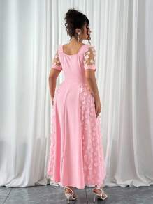 Elenzga Vestito elegante rosa, taglia oversize, in maglia traforata con inserti, scollo a cuore, maniche corte, abito elegante con stampa floreale rosa per donna, adatto a garden festa e tea festa
