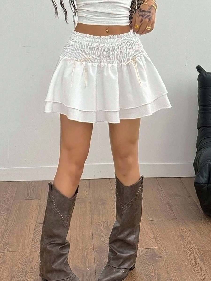 Coolane 女式夏秋季四季返校度假可爱 Y2K 蝴蝶结高腰弹力白色迷你裙 - 白色 - 查看 1