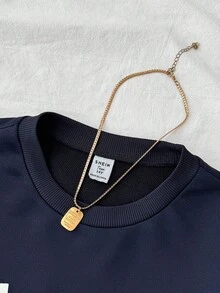 Teen Girls 2pcs Set Navy Blue Knit Retro Vintage USA Slogan Print Loose Fit Crew Neck Pullover Sweatshirt And Textured Knit Crop Shorts Tracksuit For Spring, Autumn, Winter Usa Sweatshirt Girls Sweat Outfit Clothes Set Teen Usa Clothes Sweat Set Fall