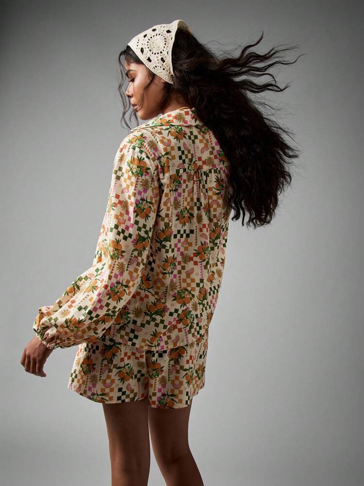 Button Up Blouse With Balloon Sleeves And Citrus Print