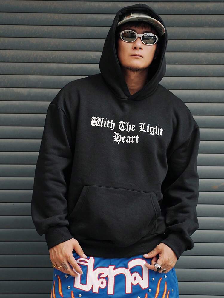 Men's Artistic Letter Print Black Hoodie, Autumn