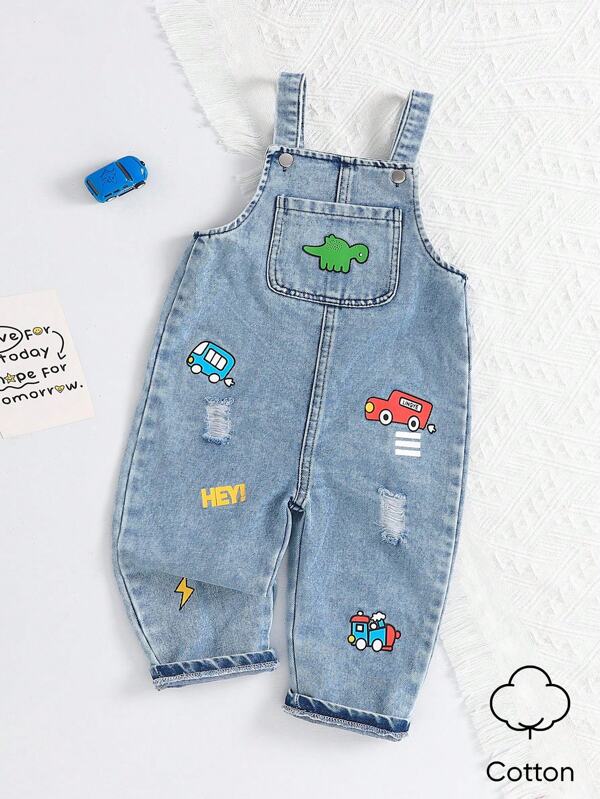 SHEIN Playful Pals 1 pieza Pelele vaquero de bebé niño con estampado vintage de dinosaurio, coche y letras lindos; Overall, top a juego casual, tirantes ajustables, uso diario de moda para el verano