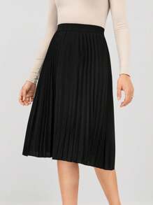 Miaspire Summer Elegant Elastic Waist Pleated Midi Skirt - Black - View 1