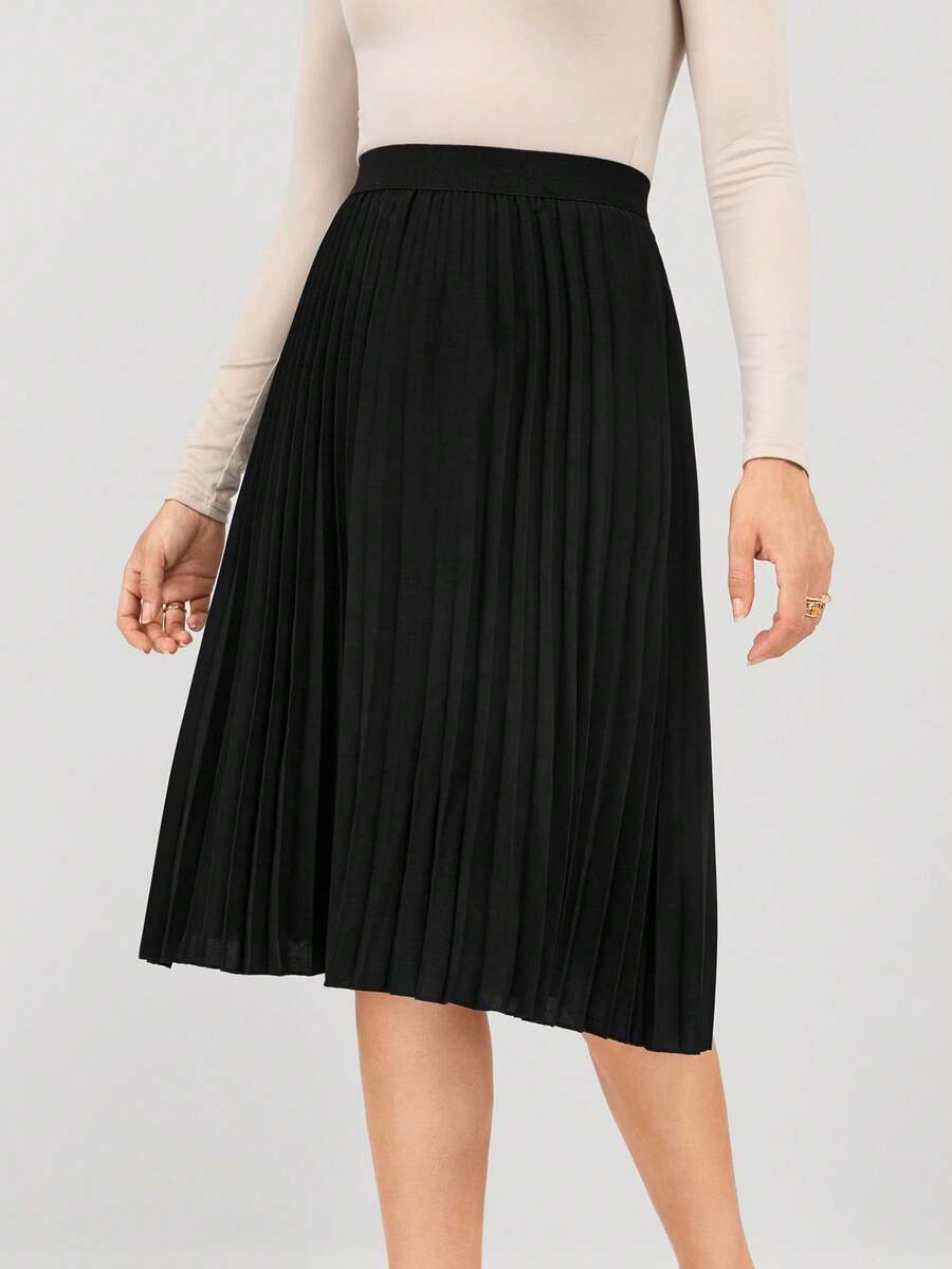Miaspire Summer Elegant Elastic Waist Pleated Midi Skirt - Black - View 1