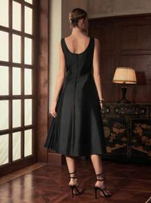ZEYLAH Women Off Shoulder Asymmetric Pleated Split Midi Dress - Black - View 3