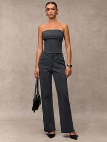 SHEIN BAE Ladies' Straight Leg Wide Casual Jeans With Pockets, Versatile - Black - View 3