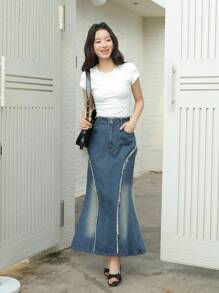 K-Vae Women's Autumn Pocket Raw Edge Fishtail Hem Casual Denim Skirt, Retro Old Money Style,Korean Style,Homecoming Dress,Fall Outfits For Women, Old Money Style Women