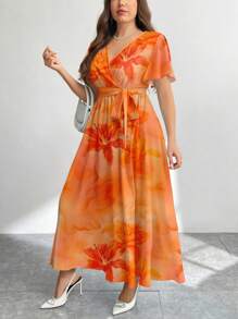 Firerie Váy suông rộng in họa tiết hoa dâm bụt cổ điển cỡ lớn, phù hợp cho mùa xuân và mùa hè - trái cam - Xem 5