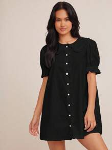 WESTFADE Váy boho cowgirl ngắn tay bồng cổ bèo nhún 100% cotton cài nút chữ A mini phong cách Nashville Rodeo Vacation Brunch Outfit dễ thương - màu đen - Xem 3