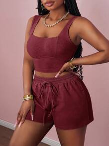 Slaydiva 2025 年夏季新款音乐节、复活节、日常、基础百搭、休闲、度假、巡航、海滩、日光浴、时尚、街头风方领无袖上衣和修身短裤套装，带有线、条纹、领带、口袋、隐形拉链、仿雪花、绿色、女式 2 件套 - 酒紅色 - 查看 6