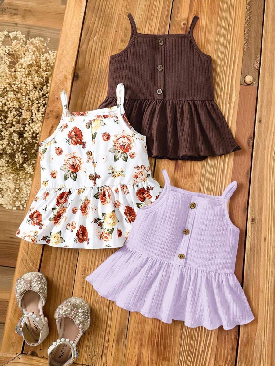 SHEIN LMoss Kids 少女三件套休闲荷叶边装饰吊带背心 - 紫色 - 查看 1