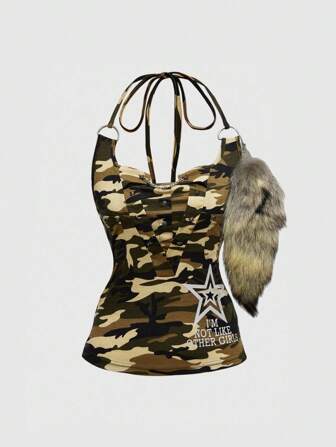 Grunge Punk Top canottiera da donna stile Y2K retrò punk, con rivetti, stampa mimetica, catena, stelle e scritta in inglese sul collo alto