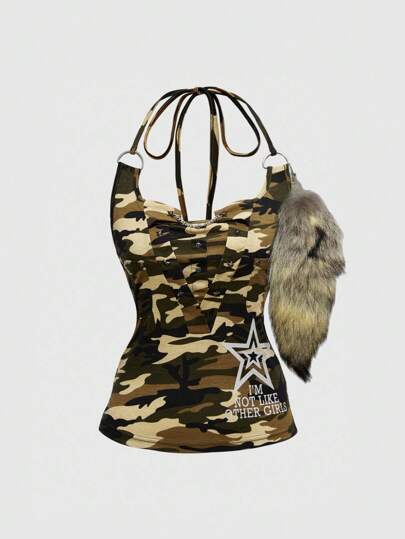 Grunge Punk Parte superior de tirantes para mujer con estampado de estrella, camuflaje, remaches y cadena en estilo retro punk Y2K