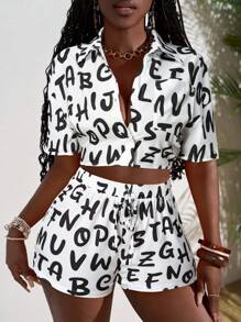 Slaydiva 2025 Summer New Style Birthday Party Back To School Season College Style Student Wear Daily Street Basic Versatile Elegant Commuter Business Casual Vacation Beach Cruise Travel Beach Sunbathing Popular Internet Celebrity Hot Style Lapel Short Sleeve Short Loose Top And Fitted Shorts Buttons Can Be Opened Elastic Waist Letter Print Summer Suit Women's Two-Piece Suit - Multicolor - View 2