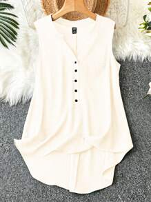 SHEIN LUNE Plus Size Women's Plain Button Half Placket Sleeveless Casual Shirt - Apricot - View 4