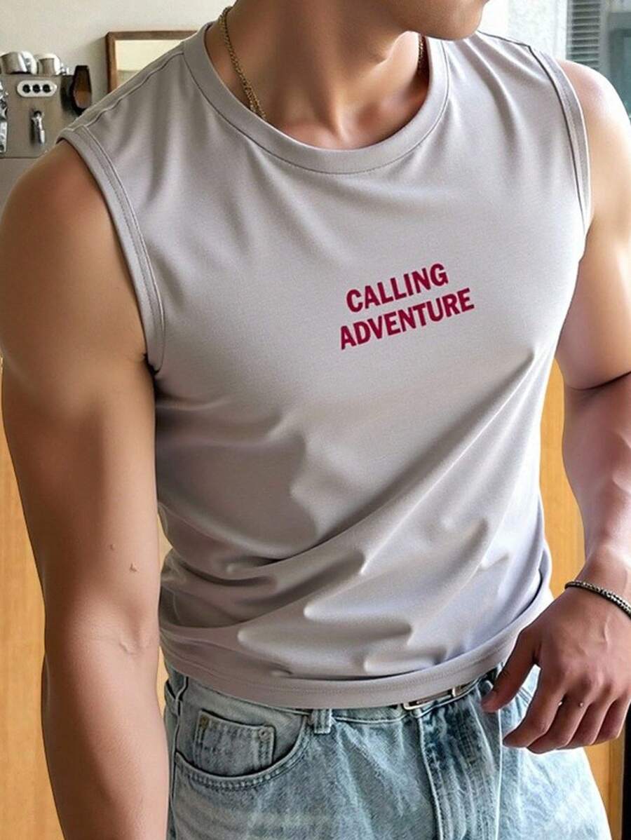 SHEIN Tween Boys' Casual & Comfortable Versatile Printed Sleeveless Tank Top - Grey - View 1