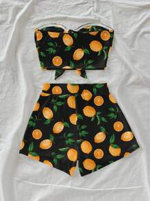 Soleia 2pcs/Set Casual Minimal Lemon Print Women's Outfit Suitable For Summer Suitable For Going Out - Black - View 2