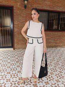 Melissa Matos Bộ 2 món/Bộ trang phục mùa hè cho nữ, Áo cánh viền tương phản & Quần dài thường ngày đơn giản, Thích hợp mặc hàng ngày, đi làm, đi làm, trang phục công sở cho phụ nữ, trang phục công sở cho phụ nữ, trang phục thanh lịch cho phụ nữ, trang phục sang trọng cho bộ hai mảnh dành cho phụ nữ, Bộ đồ hai mảnh không tay bằng vải lanh, Kỳ nghỉ, Lễ hội, Bộ đồ hai mảnh thường ngày ở khu nghỉ dưỡng bãi biển với chất liệu vải lanh thoáng khí, Trang phục công sở cho phụ nữ, Áo crop top không tay cổ tròn thường ngày cho nữ và quần ống đứng có băng chặn màu và túi, Mùa xuân/Hè, Bộ mùa hè - Màu be - Xem 6