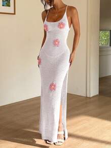 Sunnyshic 度假风休闲3D花卉镂空露背针织连衣裙 - 白色 - 查看 7