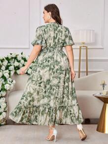 Modelyn 大码女式时尚优雅印花束腰喇叭裙 - 綠色 - 查看 2