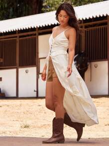 WESTFADE Crepe V Neck Lace Up Front Tiered Ruffle Flyaway Maxi Top Summer Beach Vacation Top - Beige - View 4