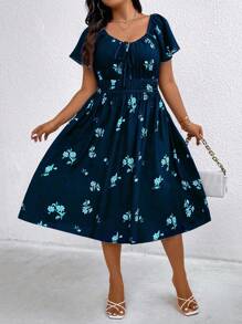 Flirla Floral Print Drawstring Elastic Waist Dress - Navy Blue - View 5
