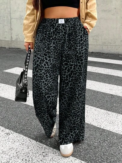 SHEIN EZwear Plusstorlek Dam Leopardmönster Vävt tyg Casual Vardag Pendlarmode Hög midja Vida ben Lösa byxor med fickor