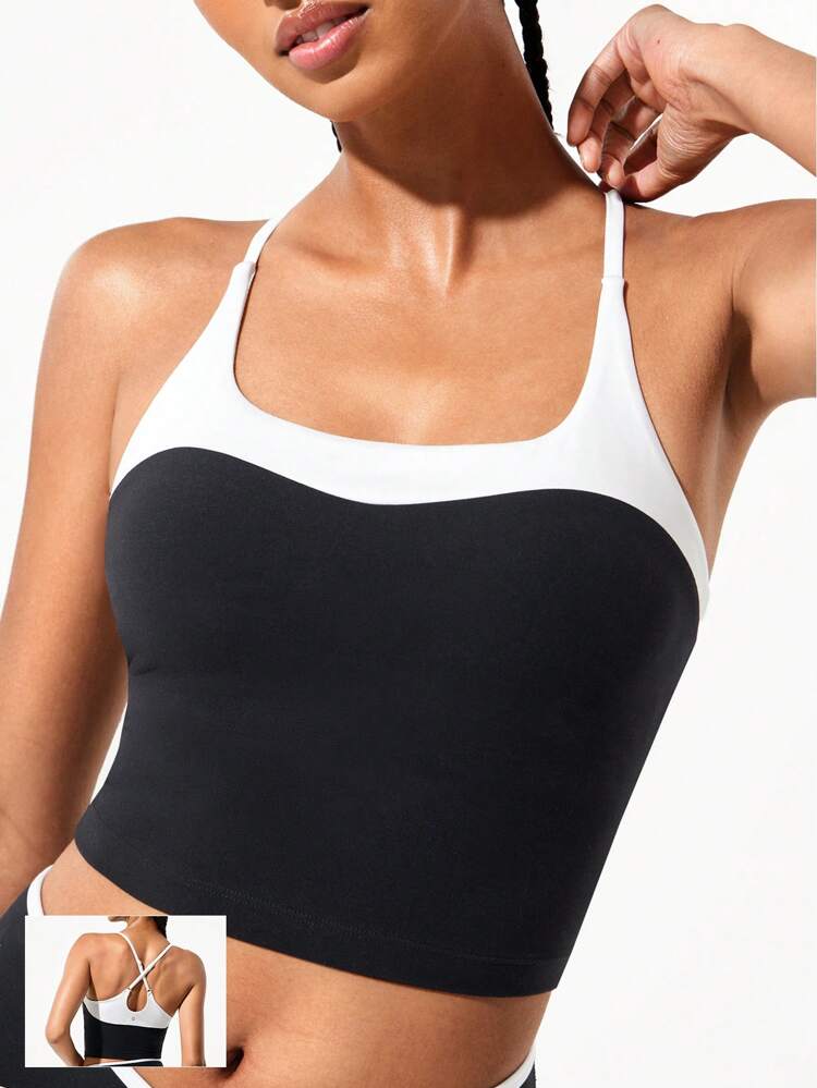 FeatherFit™ Energizer Slim Fit Color Contrast Crossover Straps Low Neckline Removable Cups Cropped Active Tank Low-Impact Yoga Pilates Studio Daily Casual Wear  Spring Summer
