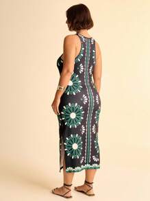 CAJUNI Damen Große Größen Boho Tropical Muster Grün ärmelloses Bodycon Maxikleid, schwarzes lässiges Urlaubs-Maxikleid - Verschiedenfarbig - Übersicht 2