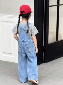 SHEIN 少女休闲水洗牛仔蝴蝶刺绣背带裤