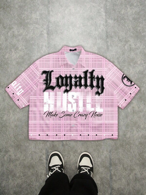 Manfinity ZONE917 Men's Street Graffiti Faux 3D Slogan & Pink Plaid Print Boxy Cropped Shirt