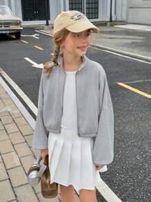 Tween Girl Solid Color Drop Shoulder Long Sleeve Zip Placket Casual Sweatshirt Fall Winter - Grey - View 7