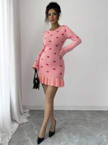 Elenzga 女士独特心形荷叶边下摆无袖毛衣裙 - 粉色 - 查看 5