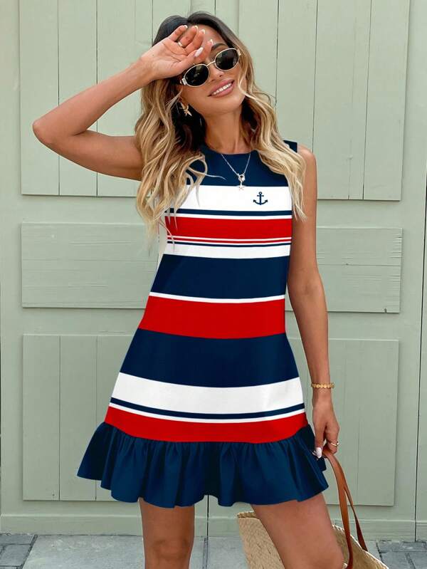 SHEIN LUNE Casual & Vacation Nautical Style Red, Blue & White Striped Tennis Skirt, Sports Style, Women's Floral Print Mini Dress, Suitable For Summer Vacation, College Style, Old Money Style Homecoming Dress Red White Blue Dress Women Suitable For Going Out